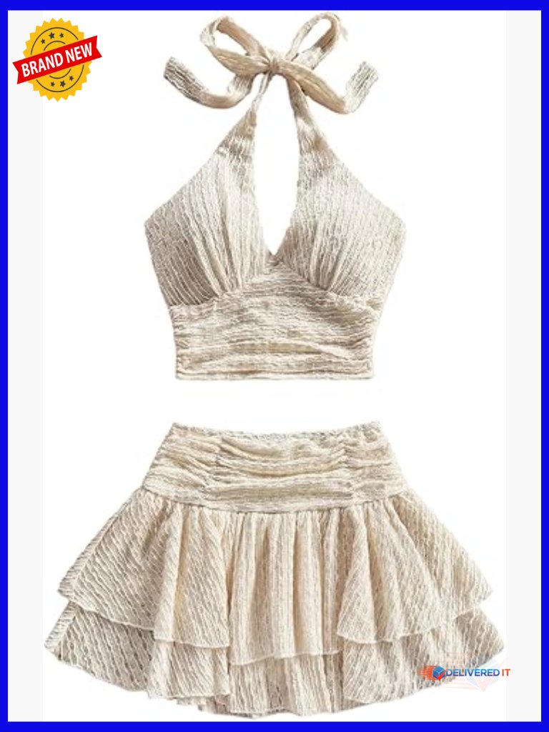 Women's 2 Piece Skirt Set Ruched Halter Crop Top Ruffle Mini Skirt
